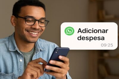 Pessoa sorridente usando óculos e camisa jeans interage com smartphone; notificação do WhatsApp exibe "Assistente financeiro