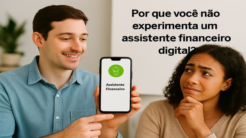 Duas pessoas analisando aplicativo de assistente financeiro digital em smartphone com ícone de cofrinho